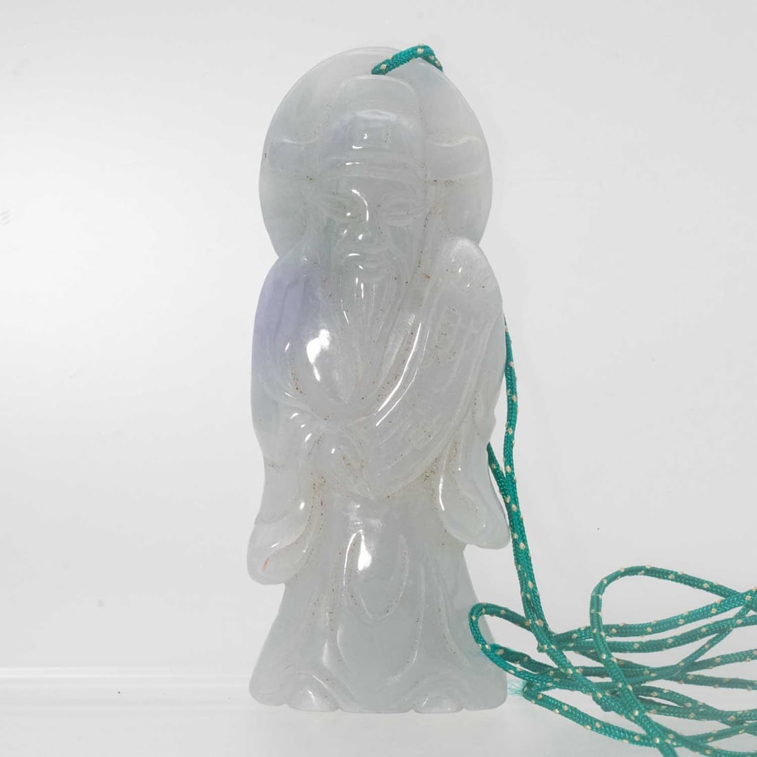 Vintage Chinese Natural Lavender Jadeite God of Wealth Figure Pendant: Medium: Natural Lavender Jadeite Size: 1.5x3.3x0.5 inches Age/Detail: Vintage Chinese Condition: great overall, check photo for condition reference. Provenance: Collection from Estate in Williamsburg 