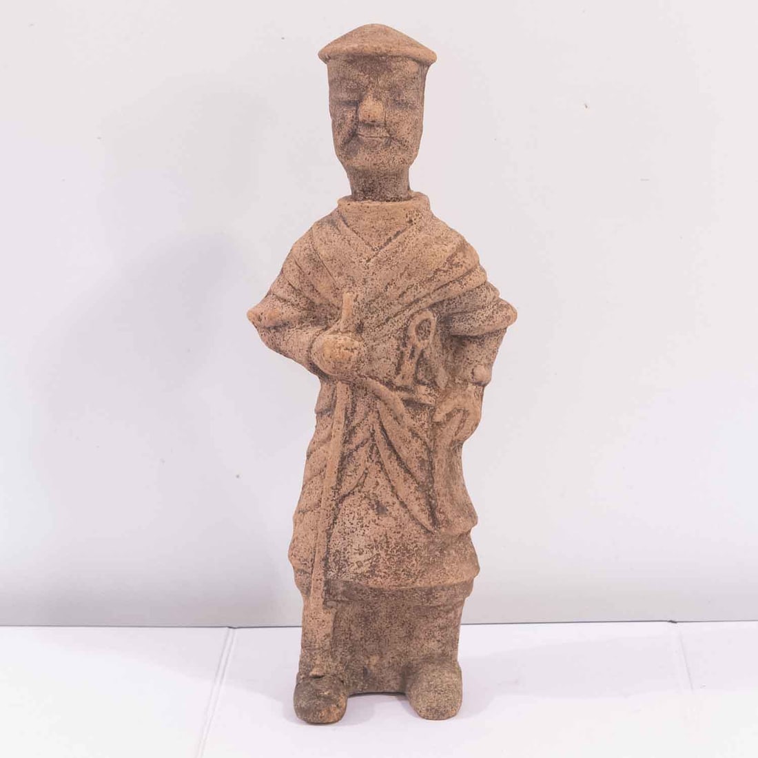 Antique Chinese Likely Ming Dynasty Terracotta Tomb Attendant Figure: Medium: Terracotta Size: 16.5x7x4 inches Age/Detail: Antique Chinese Likely Ming Dynasty Condition: great overall, check photo for condition reference. Heavy surface wear, encrustation, abrasions, and