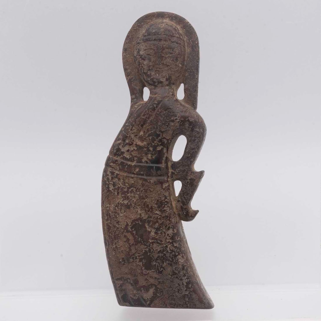 Antique Chinese Possible Zhou Period Carved Jade Human Figure Pendant with Openwork: Medium: Carved Jade Size: 2.8x6.8x1 inches Age/Detail: Antique Chinese Possible Zhou Period Condition: great overall, check photo for condition reference. Possible ancient Chinese carved jade anthropo