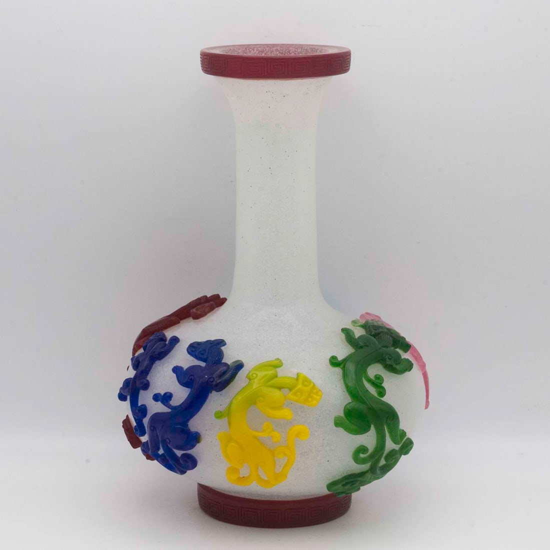 Republic Period Chinese Snowflake Peking Glass Bottled Vase With Dragon Motif: Medium: Snowflake Peking Glass Size: 5.5x5.5x8.5 inches Age/Detail: Republic Period Chinese Condition: great overall, check photo for condition reference. Provenance: Collection from Estate in William
