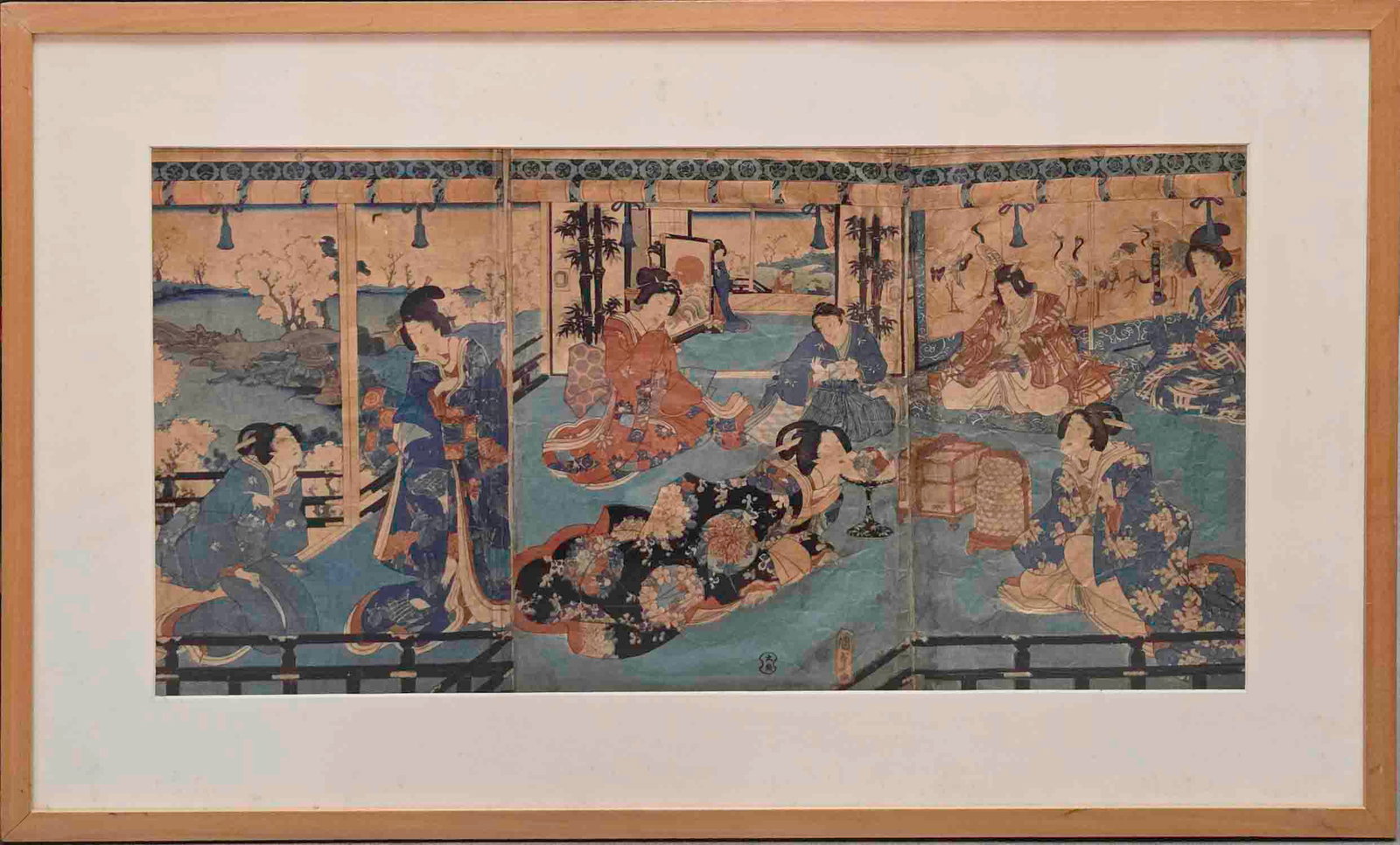 Antique Utagawa Kunisada Ukiyo-e Triptych On Paper "Court Scene" (1 of 9)