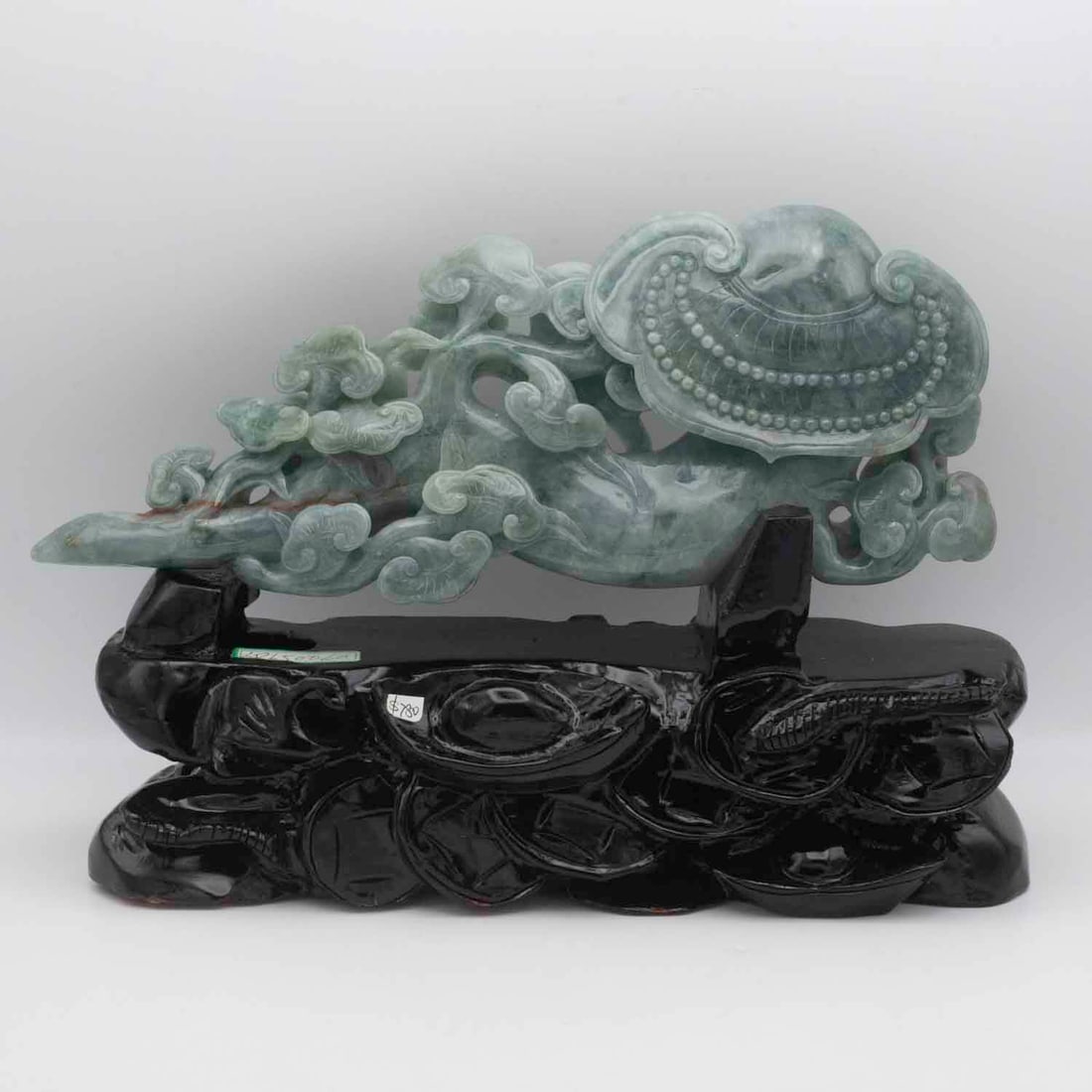 Chinese Carved Natural Jadeite Ruyi Sculpture With Stand And Box: Medium: Natural Jadeite Size: 11.3x3.5x7.7 inches Age/Detail: Chinese Carved Condition: great overall, check photo for condition reference. Provenance: Collection from Estate in Williamsburg LiveShipp