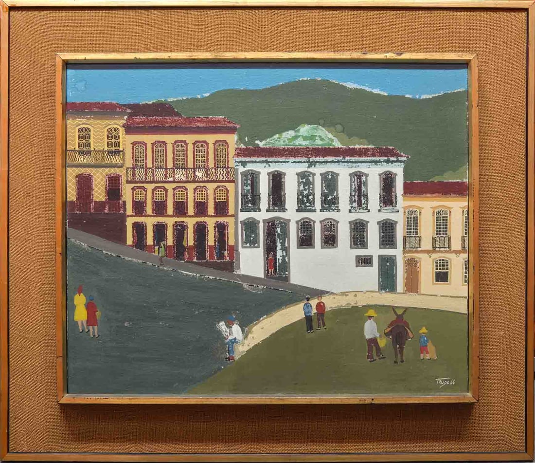 Vintage Dated 66 Naive Oil On Canvas "Town Scene": Title: Town Scene Medium: Oil On Canvas Size: 18 x 22 inches Frame: 26 x 30 inches Age: Vintage Dated 66 Condition: Great, please check photo for condition reference Provenance: Estate in Tribeca Comb