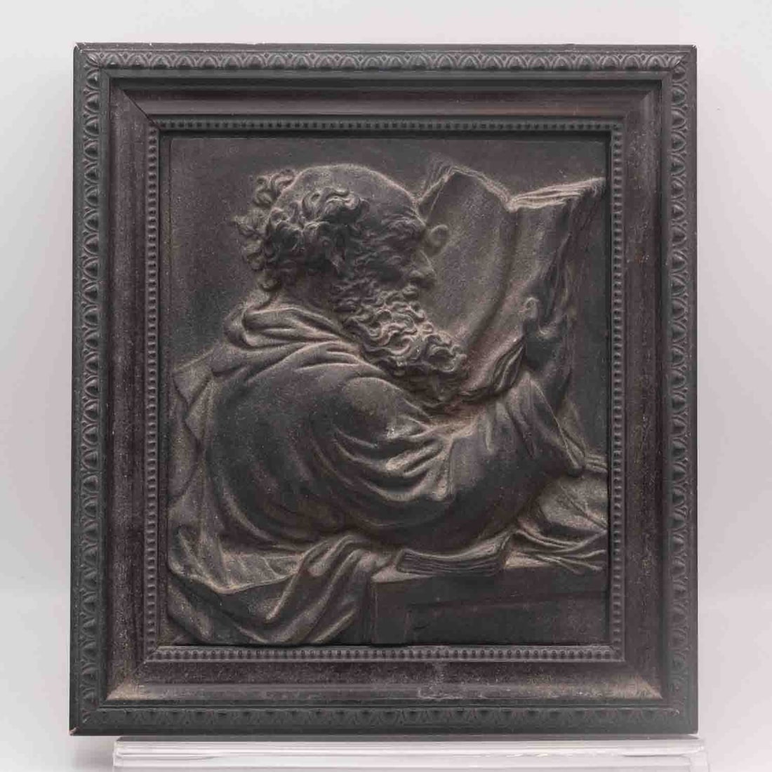 Vintage German Buderus Cast-Iron Scholar Reading Relief Plaque: Medium: Cast-Iron Size: 9.3x10.3x1.3 inches Age/Detail: Vintage German Buderus Condition: great overall, check photo for condition reference. Provenance: Collection from Estate in Williamsburg LiveShi