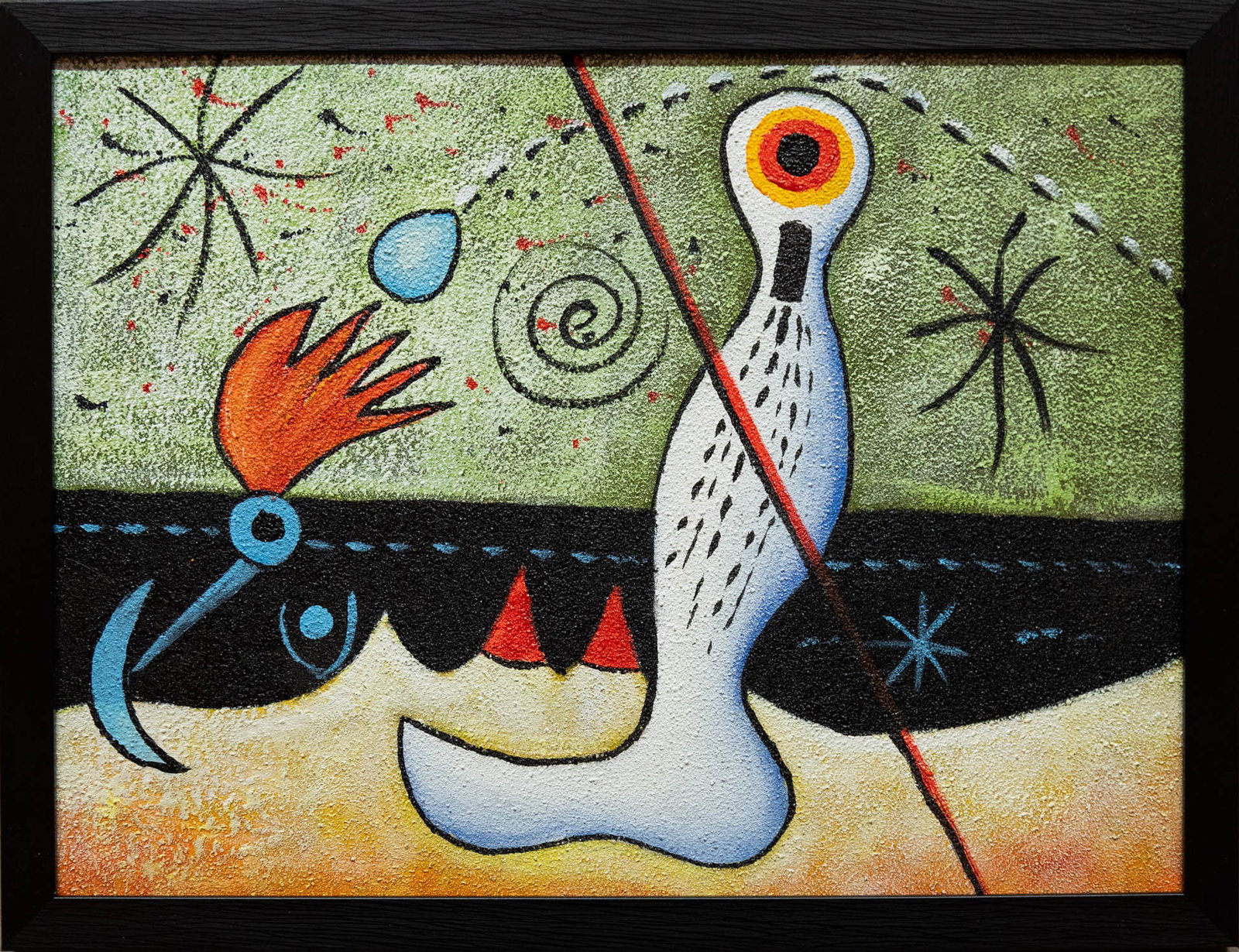 Contemporary After Miro Oil On Canvas "Rock Thrown Over Foot": Title: Rock Thrown Over Foot Medium: Oil On Canvas Size: 12 x 16 inches Frame: 13 x 17 inches Age: Contemporary Condition: Great overall condition Provenance: Collection from Estate in Jamaica Combine