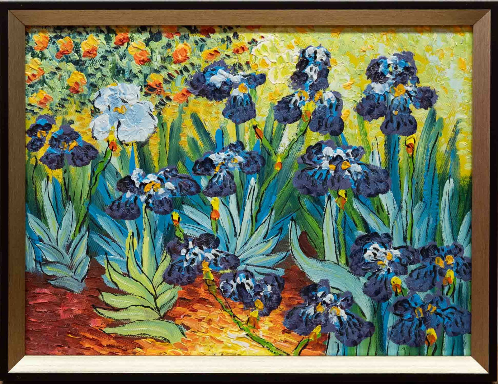 After Van Gogh Acrylic On Canvas "Irises": Title: Irises Medium: Acrylic On Canvas Size: 16 x 12 inches Frame: 17 x 13 inches Age: Condition: Great, hand painted, please check photo for condition reference Provenance: Combined shipping rate av