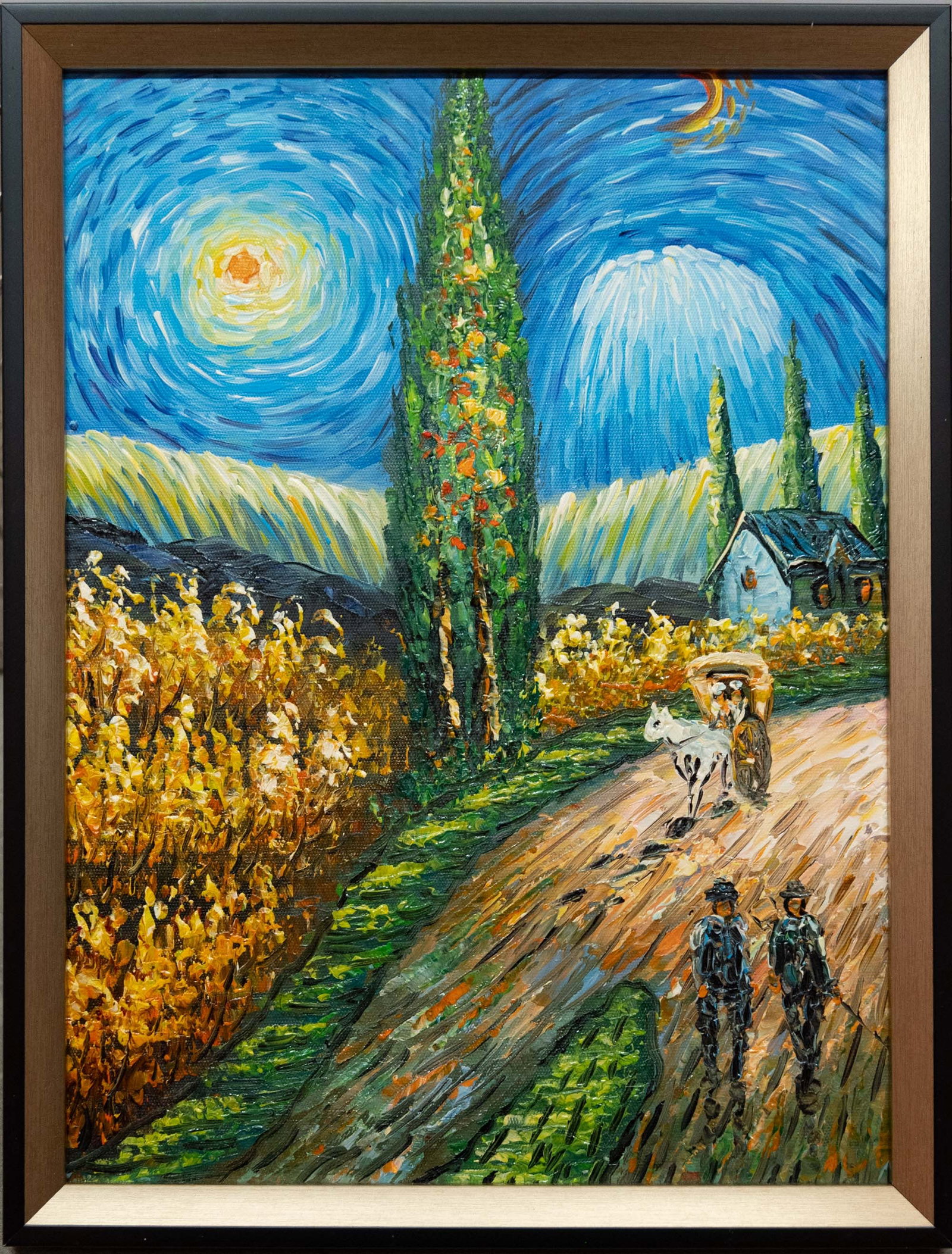 Contemporary After Van Gogh Acrylic On Canvas "Cypress Trees": Title: Cypress Trees Medium: Acrylic On Canvas Size: 12 x 16 inches Frame: 13 x 17 inches Age: Contemporary Condition: Great overall condition Signature: None Great for collection or home decoration. 