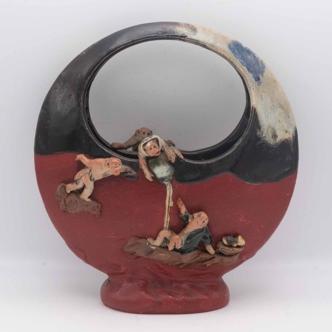 Antique Chinese Shiwan-Style Glazed Pottery Figural Moon Vase: Medium: Shiwan-Style Glazed Pottery Size: 7.5x3x8.5 inches Age/Detail: Antique Chinese Condition: great overall, check photo for condition reference. Provenance: Collection from Estate in Williamsburg