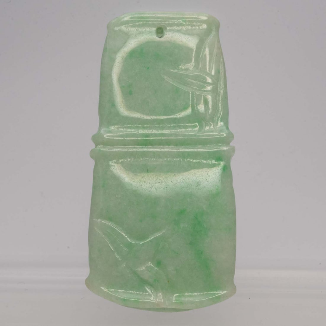 Antique Chinese Qing Dynasty Carved Natural Jadeite Bamboo Pendant: Medium: Natural Jadeite Size: 2x1x0.3 inches Age/Detail: Antique Chinese Qing Dynasty Carved Condition: great overall, check photo for condition reference. Provenance: Collection from Estate in Willia
