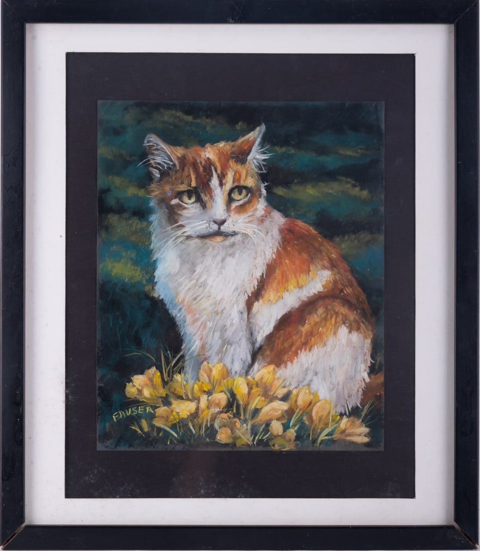 Vintage Impressionist Gouache On Paper "Puss In Crocus": Title: Puss In Crocus Medium: Gouache On Paper Size: 11 x 9 inches Frame: 17 x 15 inches Age: Vintage Condition: Painting is in excellent condition. Signature: Signed Artist: Florence Fauser Provenanc