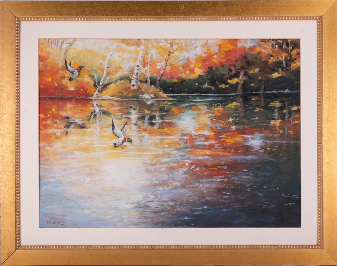 Early 20th C. Impressionist Pastel On Paper "Ducks in Autumn": Title: Ducks in Autumn Medium: Pastel On Paper Size: 19.5 x 26.5 inches Frame: 27 x 34 inches Age: Early 20th C. Condition: painting is in excellent condition. Signature: Signed Artist: Florence Fause
