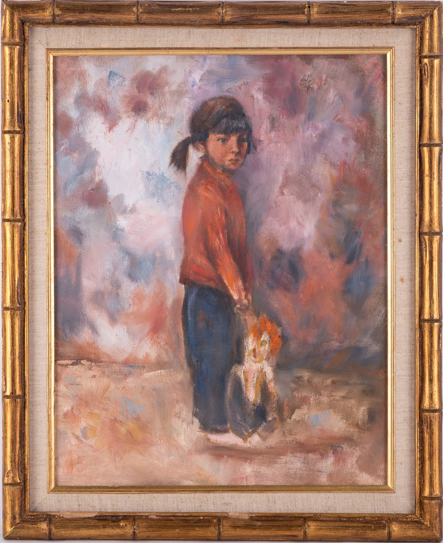 VIntage Impressionist Oil On Canvas "Girl With Doll": Title: Girl With Doll Medium: Oil On Canvas Size: 18 x 14 inches Frame: 22 x 18 inches Age: VIntage Condition: painting is in excellent condition. Signature: Unsigned Artist: Florence Fauser Provenanc