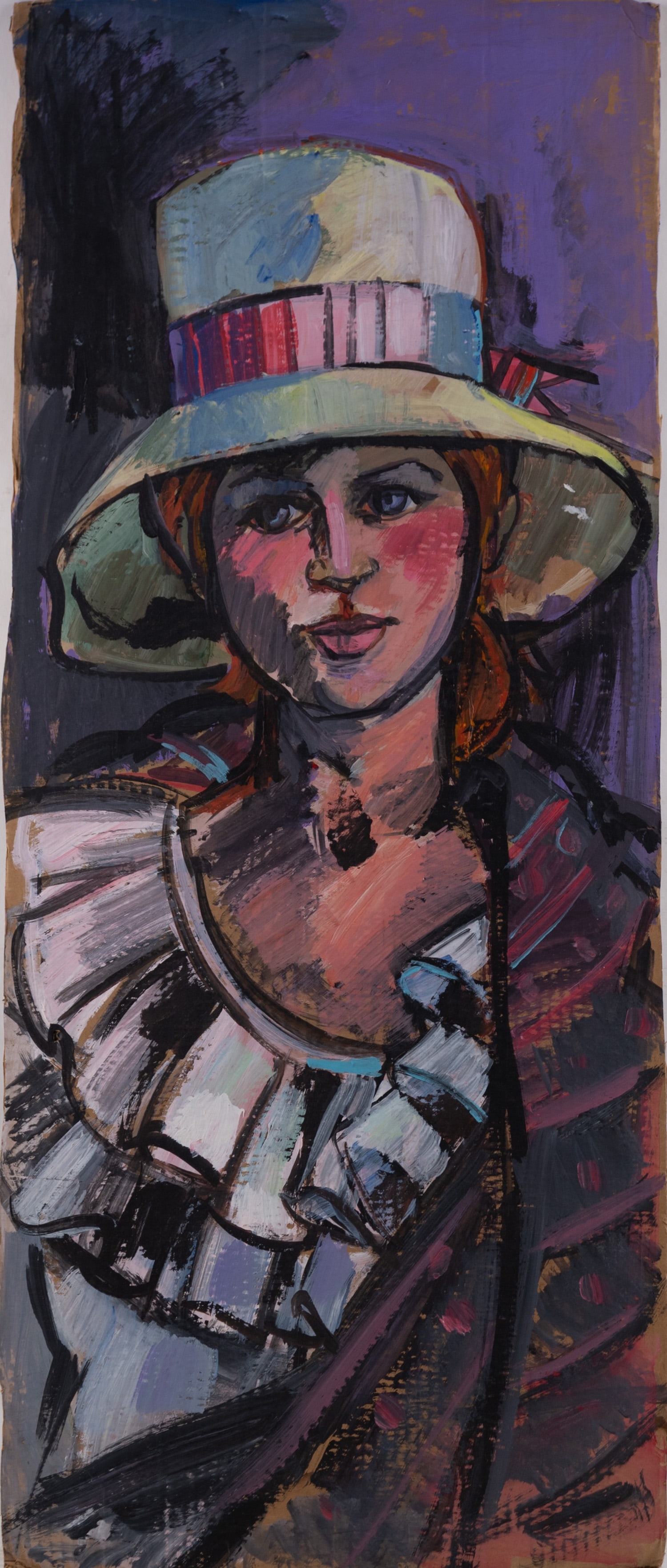 Vintage Modernist Gouache On Cardboard "Lady With Hat": Title: Lady With Hat Medium: Gouache On Cardboard Size: 42 x 18 inches Age: Vintage Condition: Water Damege Lower Part Signature: Unsigned Provenance: Combined shipping rate available. For affordable 