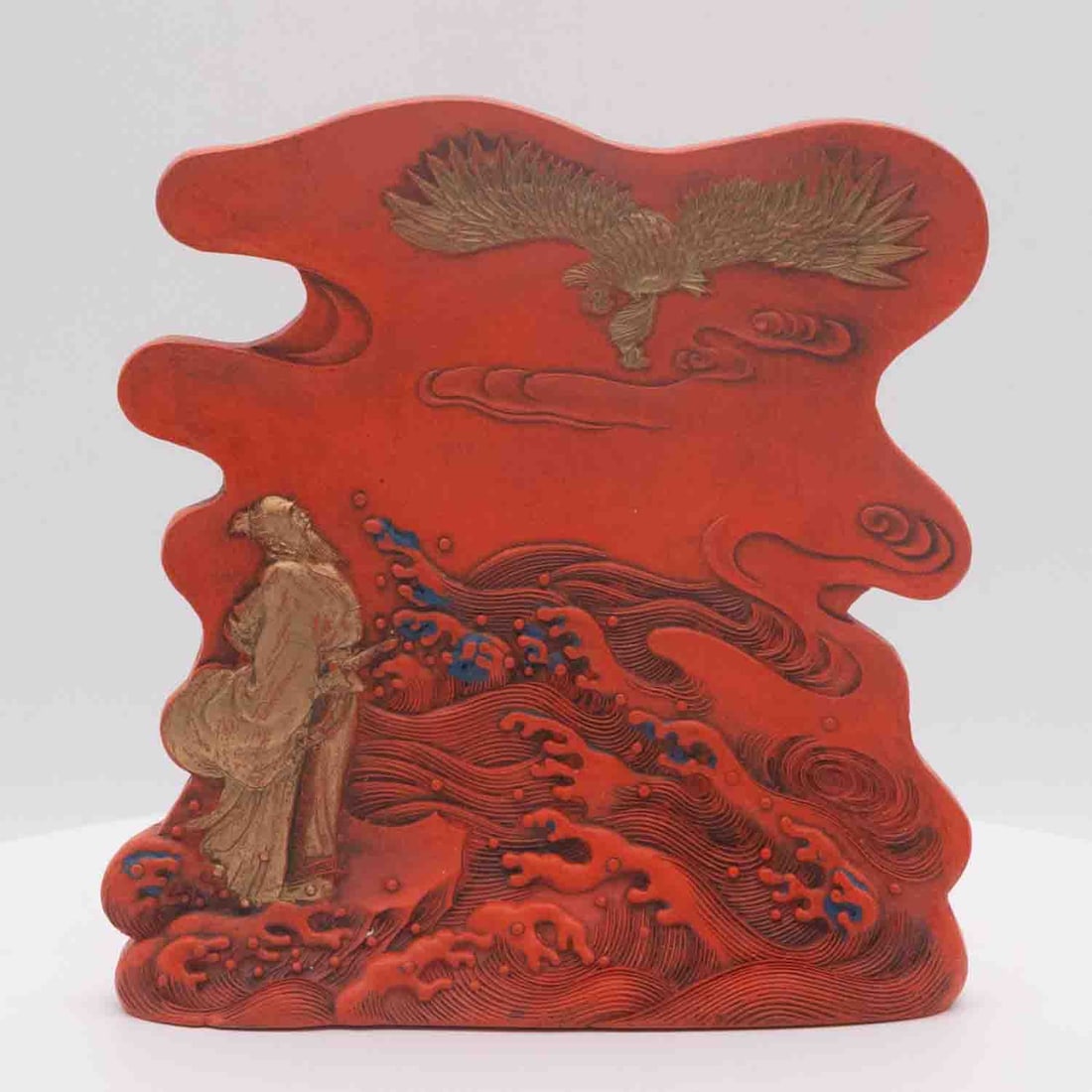 Old Chinese Qianlong Marked Red Cinnebar Lacquer Eagle Scene Plaque With Box: Medium: Red Cinnebar Lacquer Size: 4.3x4.5x1 inches Age/Detail: Old Chinese Qianlong Marked Condition: great overall, check photo for condition reference. Provenance: Collection from Estate in William