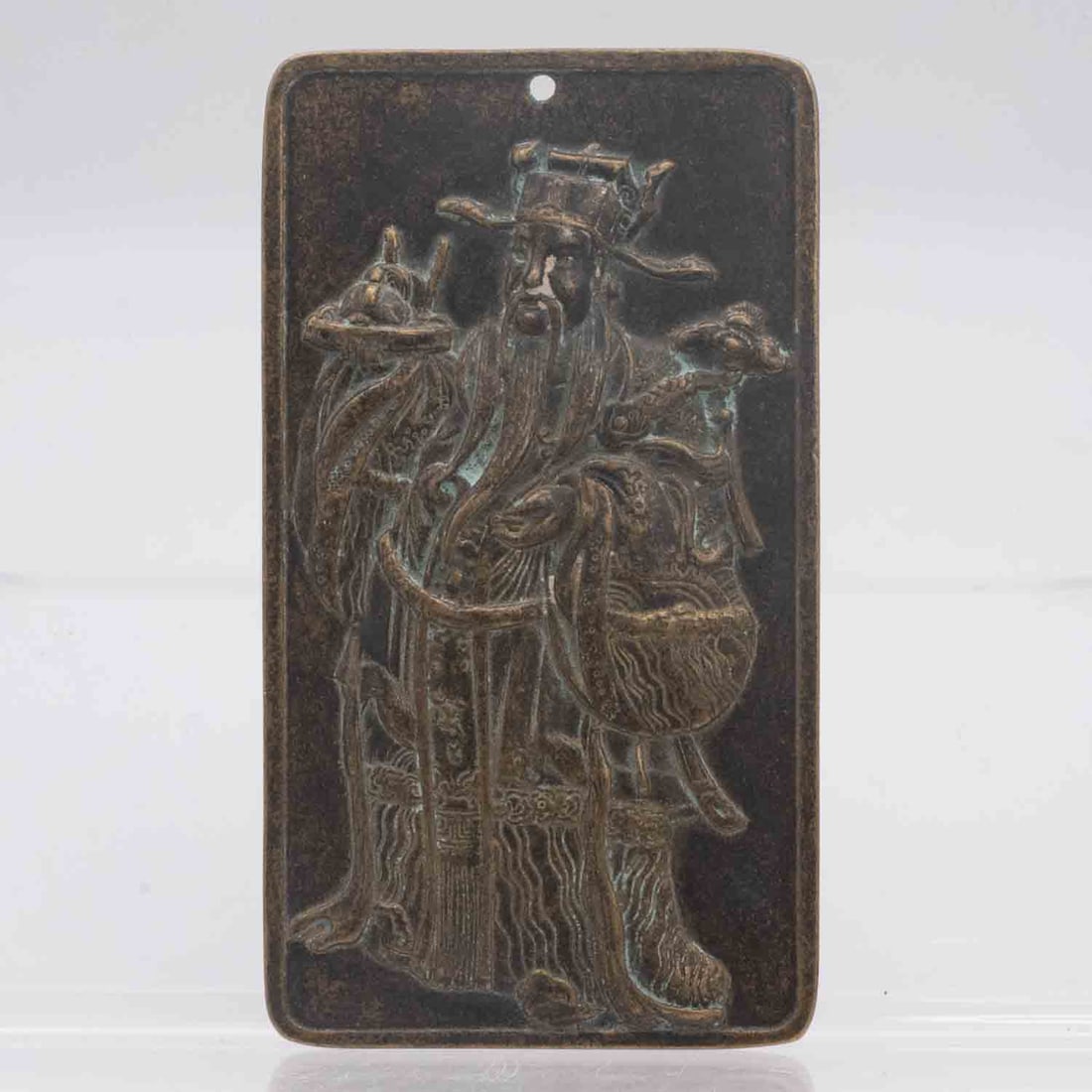 Old Chinese Bronze Scholar Plaque Talisman: Medium: Bronze Size: 2x3.5x0.3 inches Age/Detail: Old Chinese Condition: great overall, check photo for condition reference. Provenance: Collection from Estate in Williamsburg LiveShipping is NOT a pa
