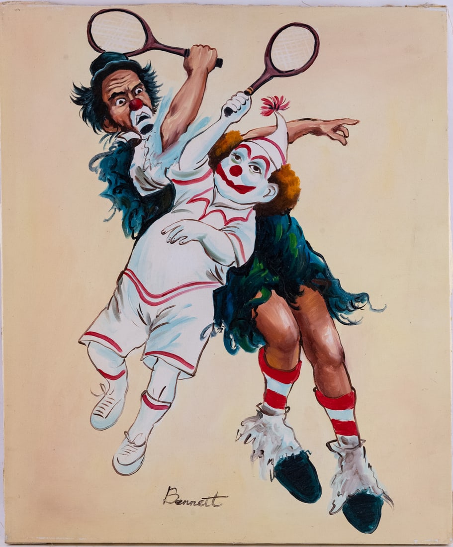 Vintage Modernist Oil On Canvas "Two Clowns": Title: Two Clowns Medium: Oil On Canvas Size: 20 x 24 inches Age: Vintage Condition: Great Overall All Signature: Signed Provenance: Collection From Glen Cove Combined shipping rate available. For aff