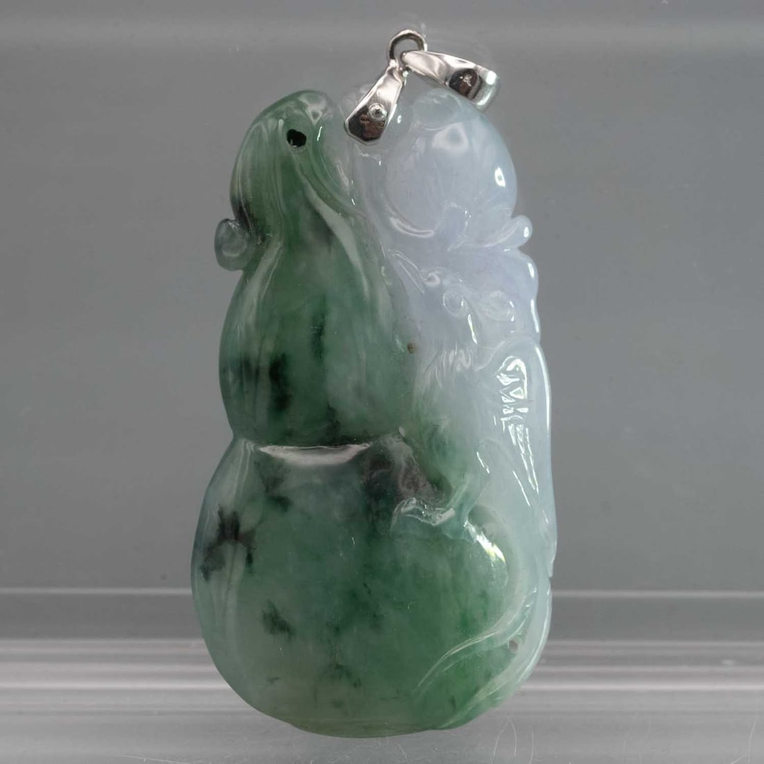 14k White Gold Latch Natural Icy Nephrite Jade Gourd and Phoenix Pendant: Medium: Natural Icy Nephrite Jade Size: 1.8x1x0.3 inches Age/Detail: 14k White Gold Latch Condition: great overall, check photo for condition reference. Provenance: Collection from Estate in Williamsb