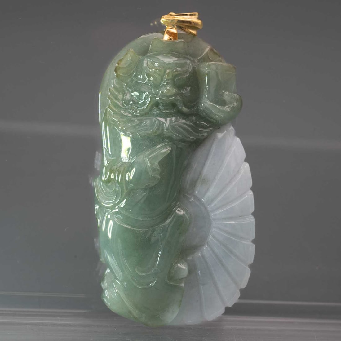 14k Gold Latch Natural Icy Green And White Jadeite Zhongkui Pendant: Medium: Natural Icy Green And White Jadeite Size: 2.5x1.3x0.5 inches Age/Detail: 14k Gold Latch Condition: great overall, check photo for condition reference. Provenance: Collection from Estate in Wil