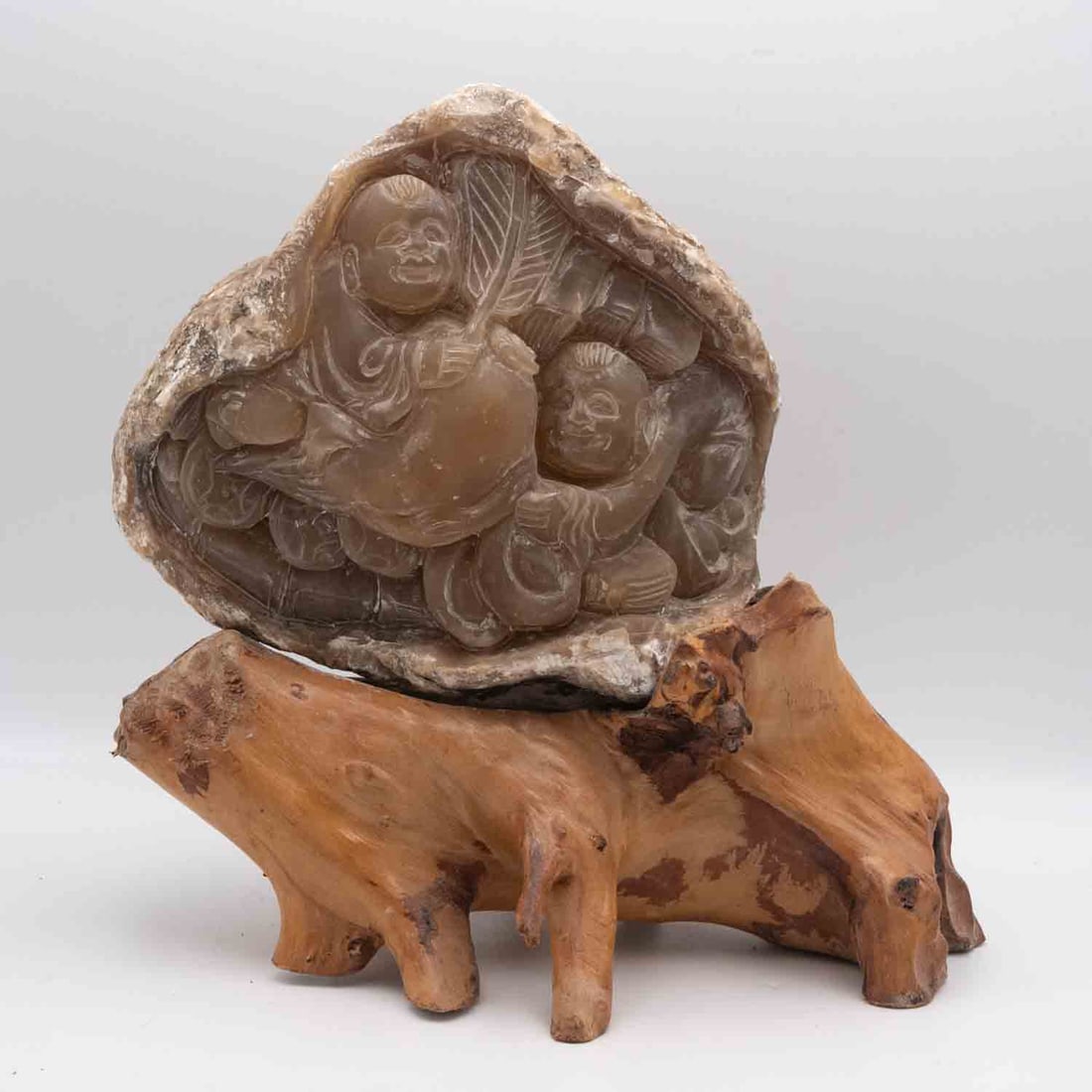 Old Chinese Carved Natural Agate Hehe ErXian Sculpture With Base: Medium: Natural Agate Size: 9.5x9x6 inches with base Age/Detail: Old Chinese Carved Condition: great overall, check photo for condition reference. Provenance: Collection from Estate in Tribecca LiveSh
