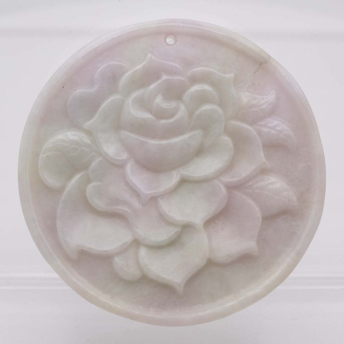 Chinese Carved Natural Jadeite Flower Pendant: Medium: Natural Jadeite Size: 2.2x2.2x0.3 inches Age/Detail: Chinese Carved Condition: great overall, check photo for condition reference. Provenance: Collection from Estate in Tribecca LiveShipping i