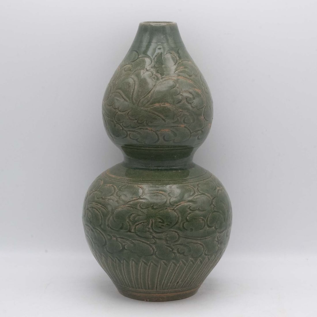 Old Chinese Carved Green Glazed Terracotta Gourd Vase: Medium: Green Glazed Terracotta Size: 5x5x9.5 inches Age/Detail: Old Chinese Carved Condition: great overall, check photo for condition reference. Provenance: Collection from Estate in Williamsburg Li