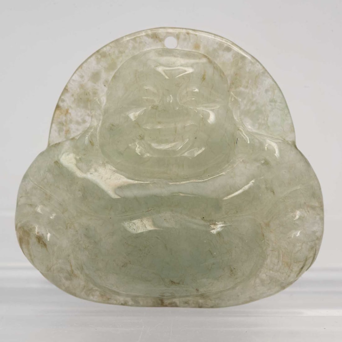 Chinese Carved Natural Jadeite Buddha Pendant: Medium: Natural Jadeite Size: 0.8x0.8x0.2 inches Age/Detail: Chinese Carved Condition: great overall, check photo for condition reference. Provenance: Collection from Estate in Williamsburg LiveShippi