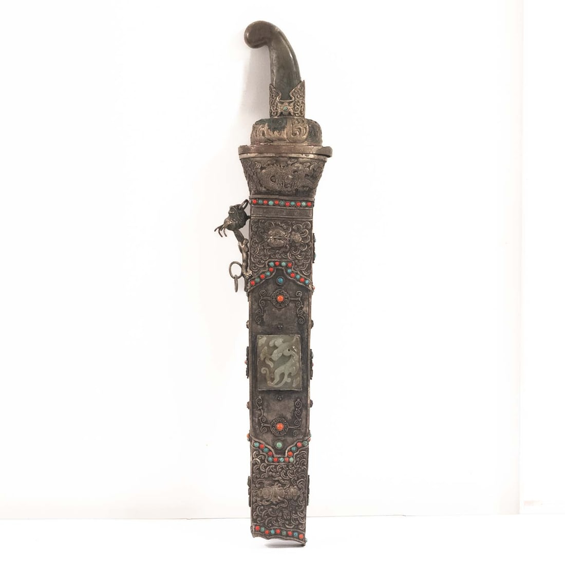 Antique Chinese Qing Tibetan Silver-Mounted Ceremonial Sword with Jade, Coral and Turquoise (1 of 19)