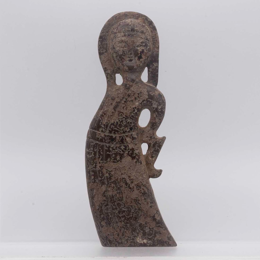 Antique Chinese Possible Zhou Period Carved Jade Human Figure Pendant with Openwork: Medium: Carved Jade Size: 2.8x6.8x1 inches Age/Detail: Antique Chinese Possible Zhou Period Condition: great overall, check photo for condition reference. Possible ancient Chinese carved jade anthropo