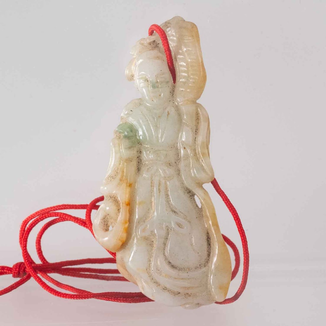 Antique Chinese Late Qing Carved Natural Nephrite Jade Court Lady Pendant: Medium: Natural Nephrite Jade Size: 2.5x1.2x0.3 inches Age/Detail: Antique Chinese Late Qing Carved Condition: great overall, check photo for condition reference. Provenance: Collection from Estate in