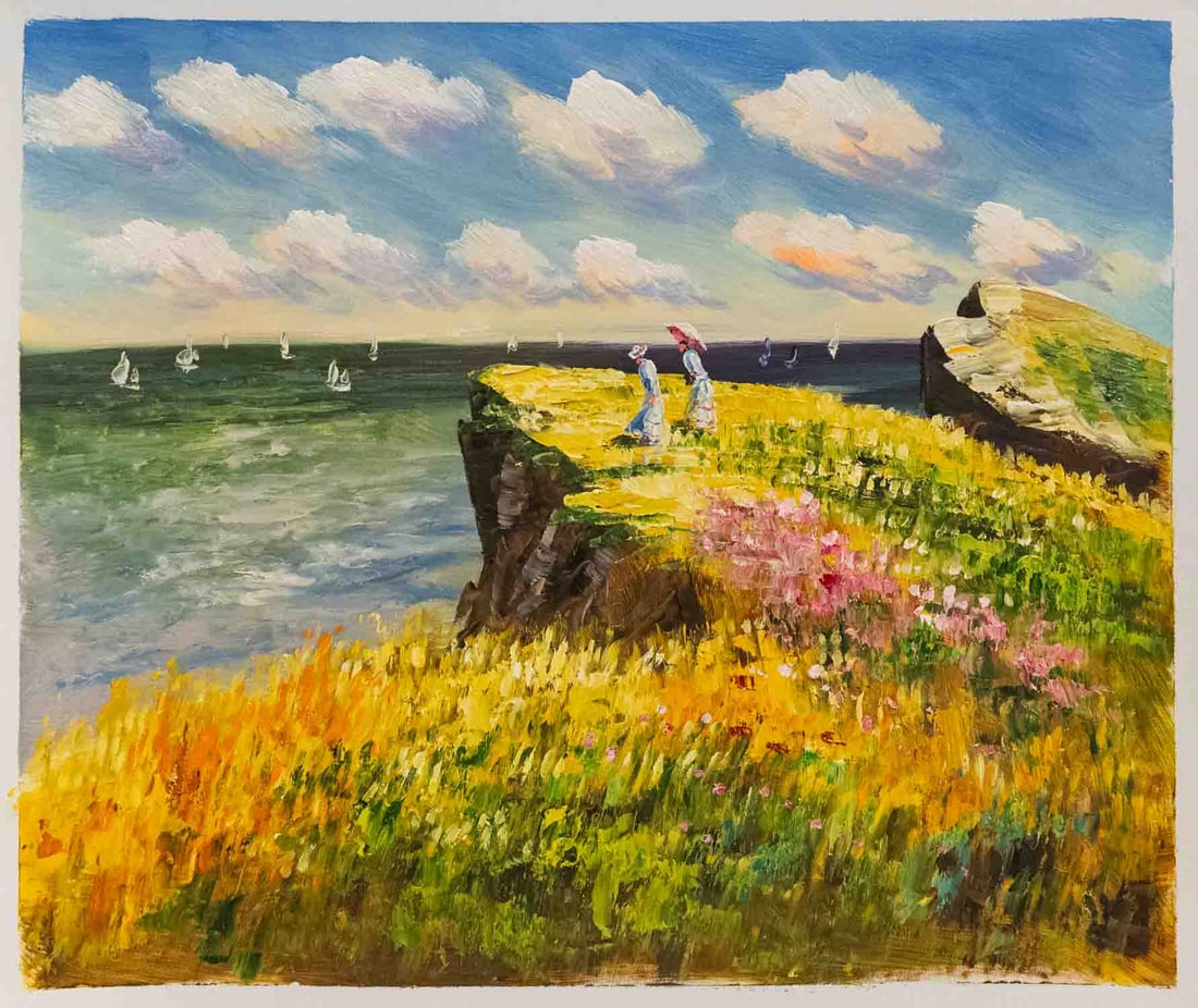 After Claude Monet Acrylic On Canvas "A Cliff Walk": Title: A Cliff Walk Medium: Acrylic On Canvas Size: 24 x 20 inches Please Note: This artwork is unstretched Detail: Condition: Great, hand painted, please check photo for condition reference Signature
