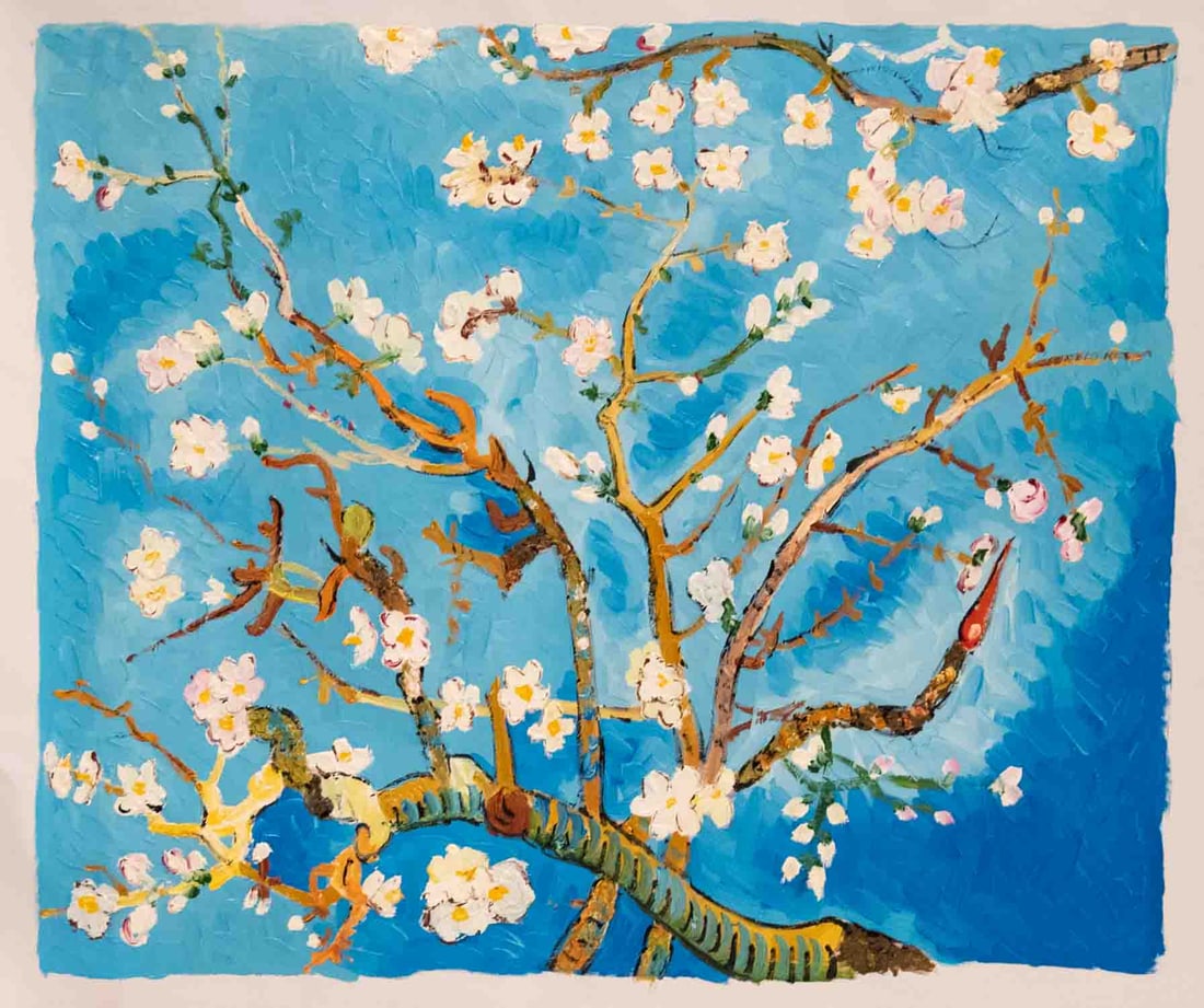 After Van Gogh Acrylic On Canvas "Almond Blossoms": Title: Almond Blossoms Medium: Acrylic On Canvas Size: 24 x 20 inches Please Note: This artwork is unstretched Detail: Condition: Great, hand painted, please check photo for condition reference Signat