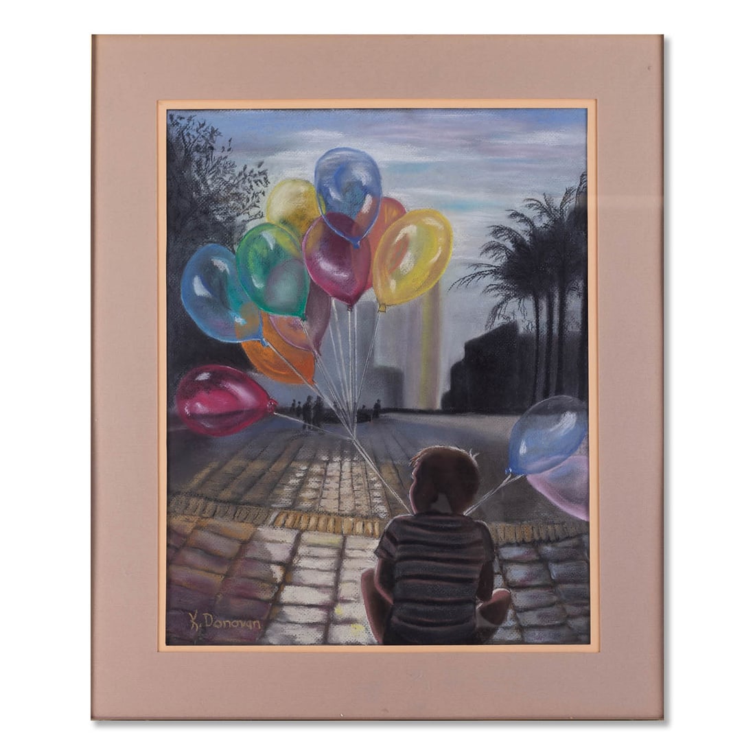 Vintage Modernist Original Watercolor "Boy With Balloons": Title: Medium: Watercolor On Paper Size: 19.5 x 16.5 inches Frame: 25.5 x 21.5 inches Age: 1970s Condition: Good overall condition for its age, Signature: Signed/K. Donovan Great for collection or hom