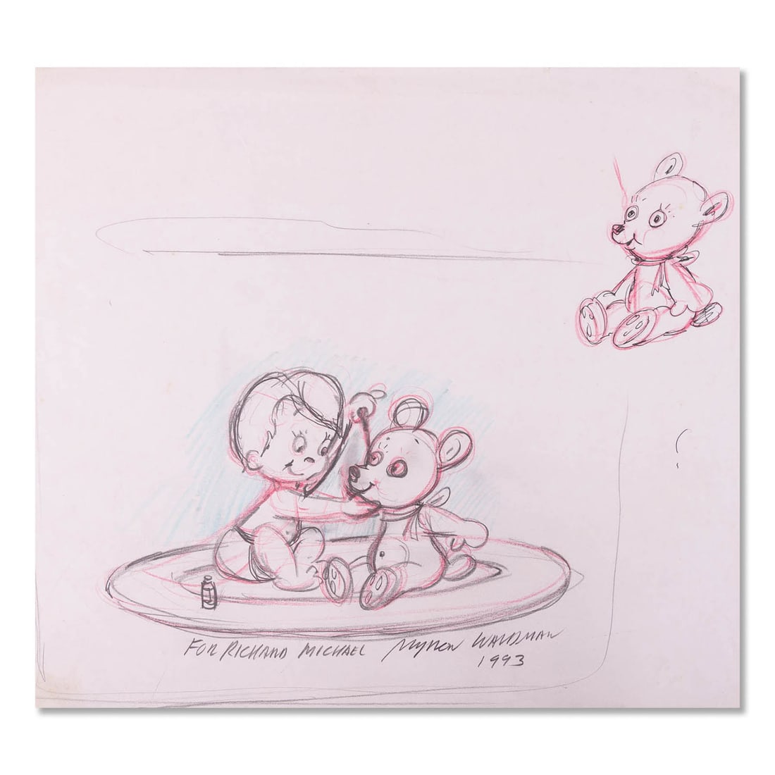 Original Myron Waldman Pencil "Boy With Teddy Bear": Title: Boy With Teddy Bear Medium: Colored Pencil On Paper Size: 11 x 12 inches Frame: None Age: Vintage Condition: great overall Signature: lower right Artist: Myron Waldman Great for collection or h