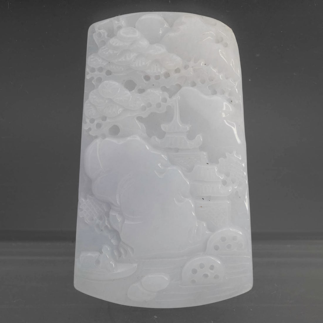 Chinese Carved Natural White Nephrite Jade Landscape Pendant: Medium: Natural White Nephrite Jade Size: 1.6x2.5x0.2 inches Age/Detail: Chinese Carved Condition: great overall, check photo for condition reference. Provenance: Collection from Estate in Williamsbur