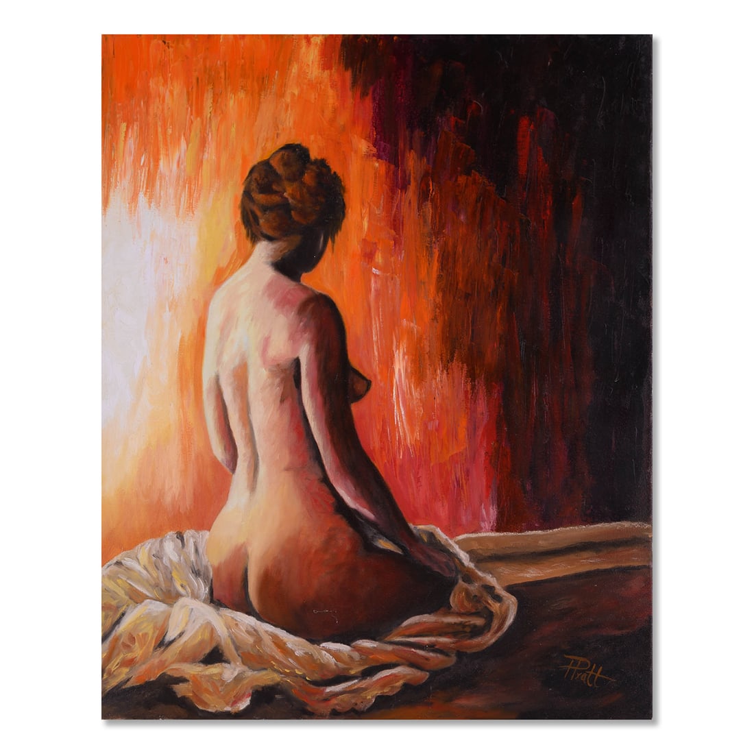 Vintage Modernist Oil On Canvas "Sitting Nude Backside": Title: Sitting Nude Backside Medium: Oil On Canvas Size: 30 x 24 inches Age: Vintage Condition: Great Condition, some blemishes Signature: H. Pratt Artist: Howie Pratt Provenance: Collection from Esta