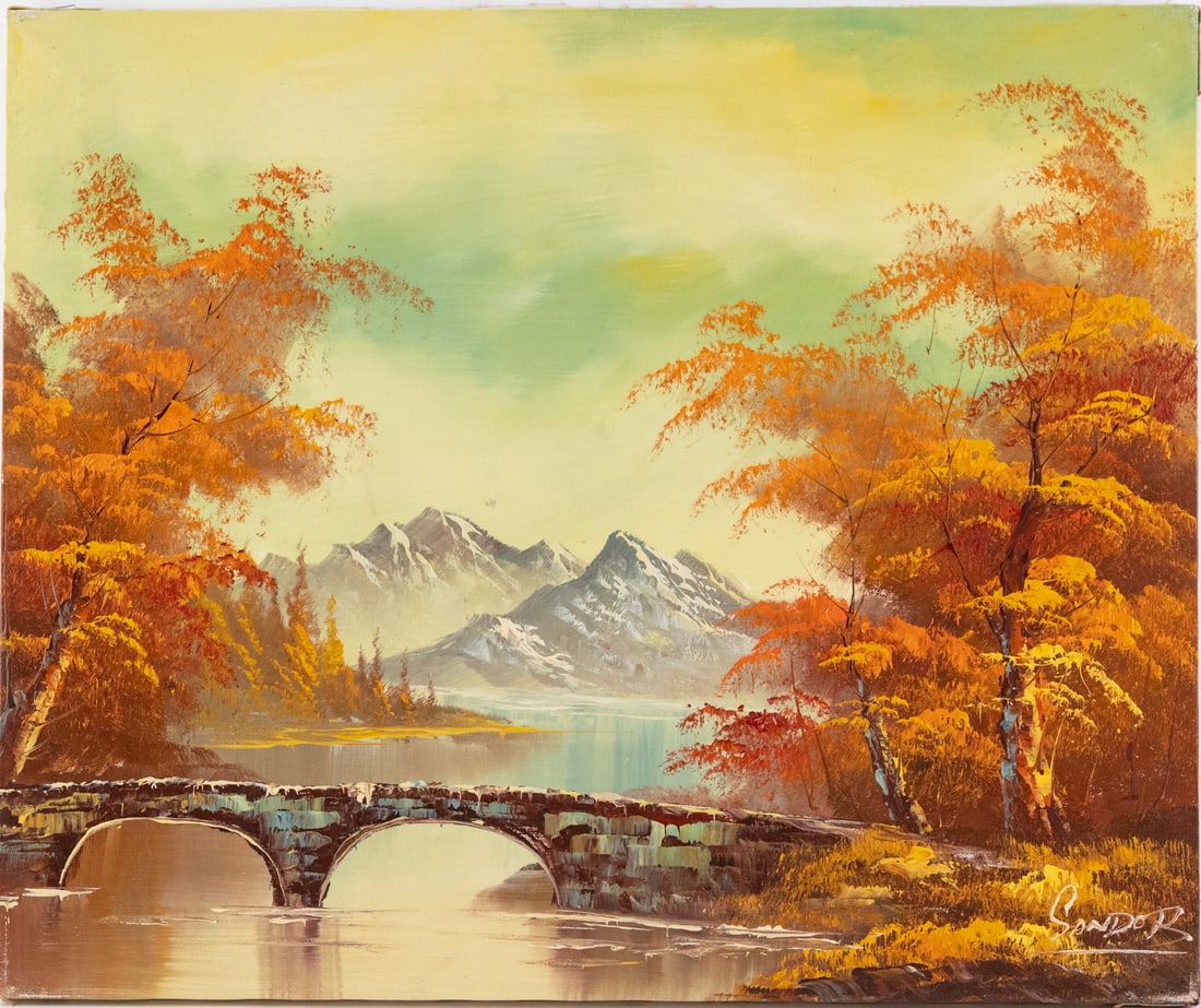 Vintage Scenic Oil On Canvas "Autumn Bridge" (1 of 5)