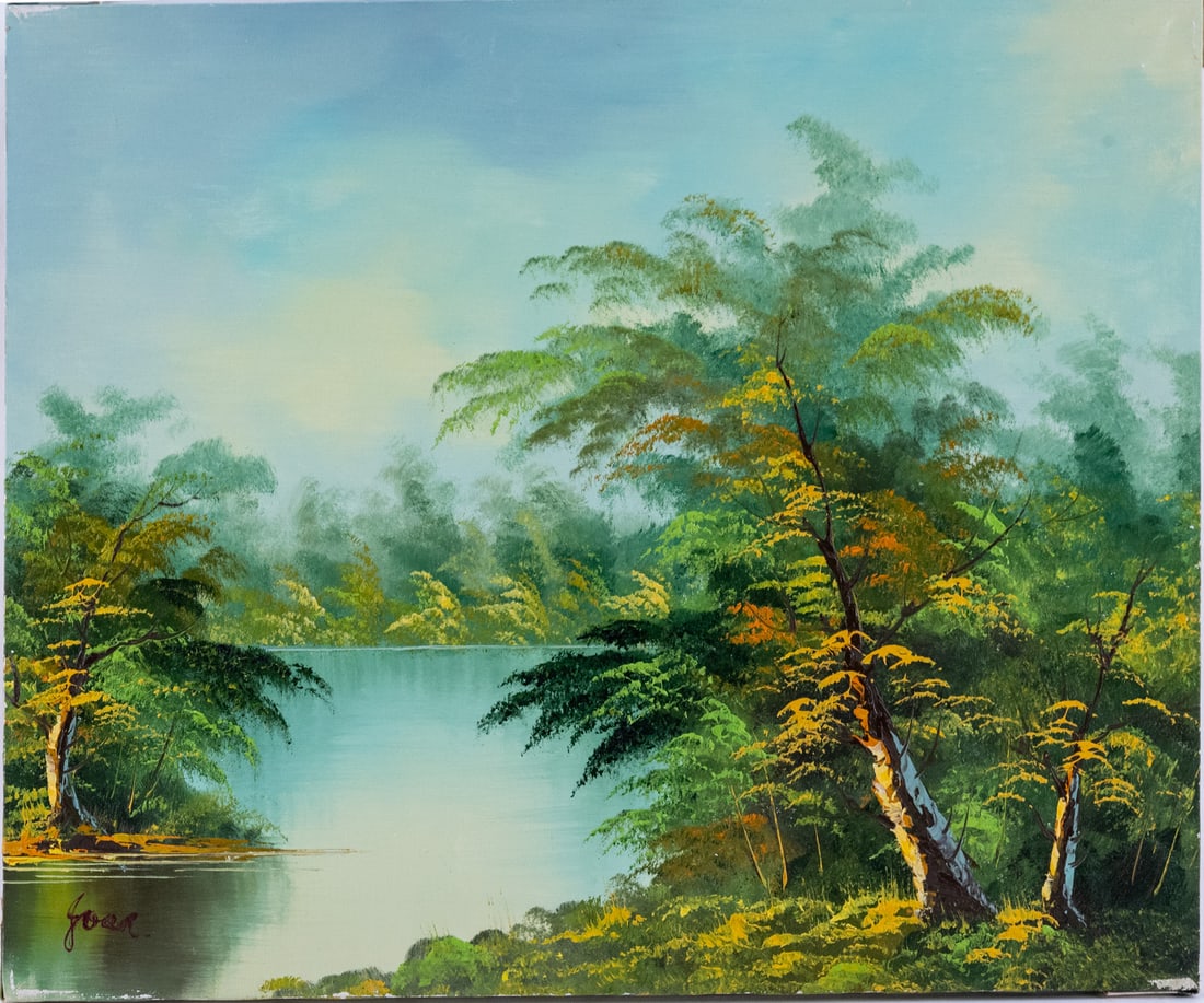 Vintage Scenic Oil On Canvas "River Landscape": Title: River Landscape Medium: Oil On Canvas Size: 20 x 24 inches Age: Vintage Condition: Great Overall All Signature: Signed Provenance: Collection From Glen Cove Combined shipping rate available. Fo