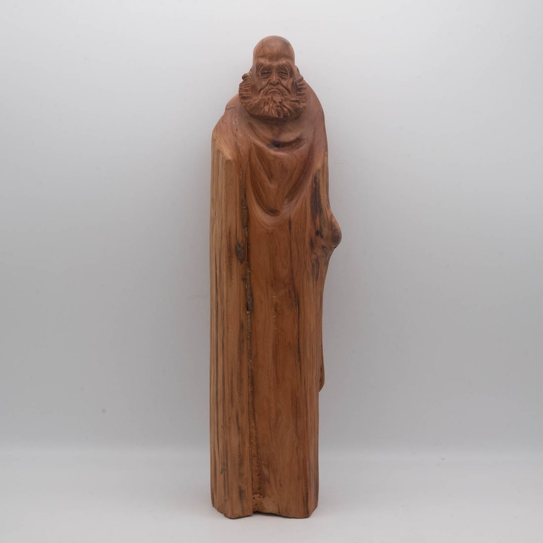 Old Chinese Carved Wood Bodhidharma Damo Sculpture: Medium: Wood Size: 2.5x3.2x12.5 inches Age/Detail: Old Chinese Carved Condition: great overall, check photo for condition reference. Provenance: Collection from Estate in Williamsburg LiveShipping is 