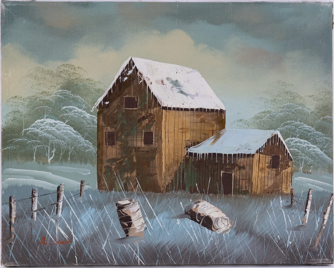 Vintage Scenic Oil On Canvas "Cabin View": Title: Cabin View Medium: Oil On Canvas Size: 20 x 16 inches Age: Vintage Condition: Great Overall All Signature: Signed Provenance: Collection From Glen Cove Combined shipping rate available. For aff