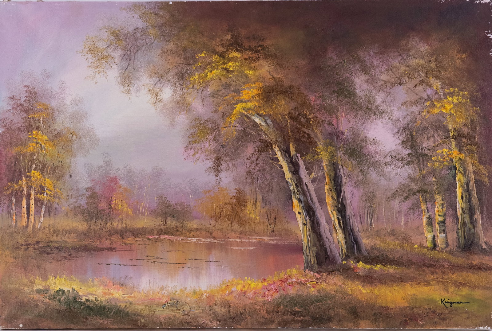 Vintage Impressionist Oil On Canvas "Trees Near Pond": Title: Trees Near Pond Medium: Oil On Canvas Size: 24 x 36 inches Age: Vintage Condition: Great Overall All Signature: Signed Provenance: Collection From Glen Cove Combined shipping rate available. Fo