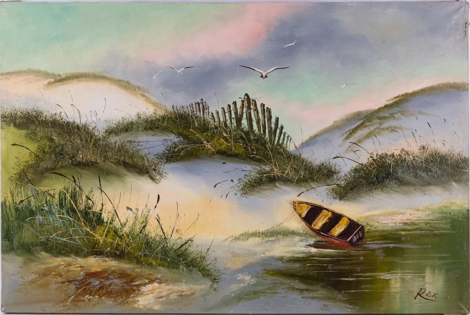 Vintage Scenic Oil On Canvas "Beach Scene": Title: Beach Scene Medium: Oil On Canvas Size: 24 x 36 inches Age: Vintage Condition: Great Overall All Signature: Signed Provenance: Collection From Glen Cove Combined shipping rate available. For af