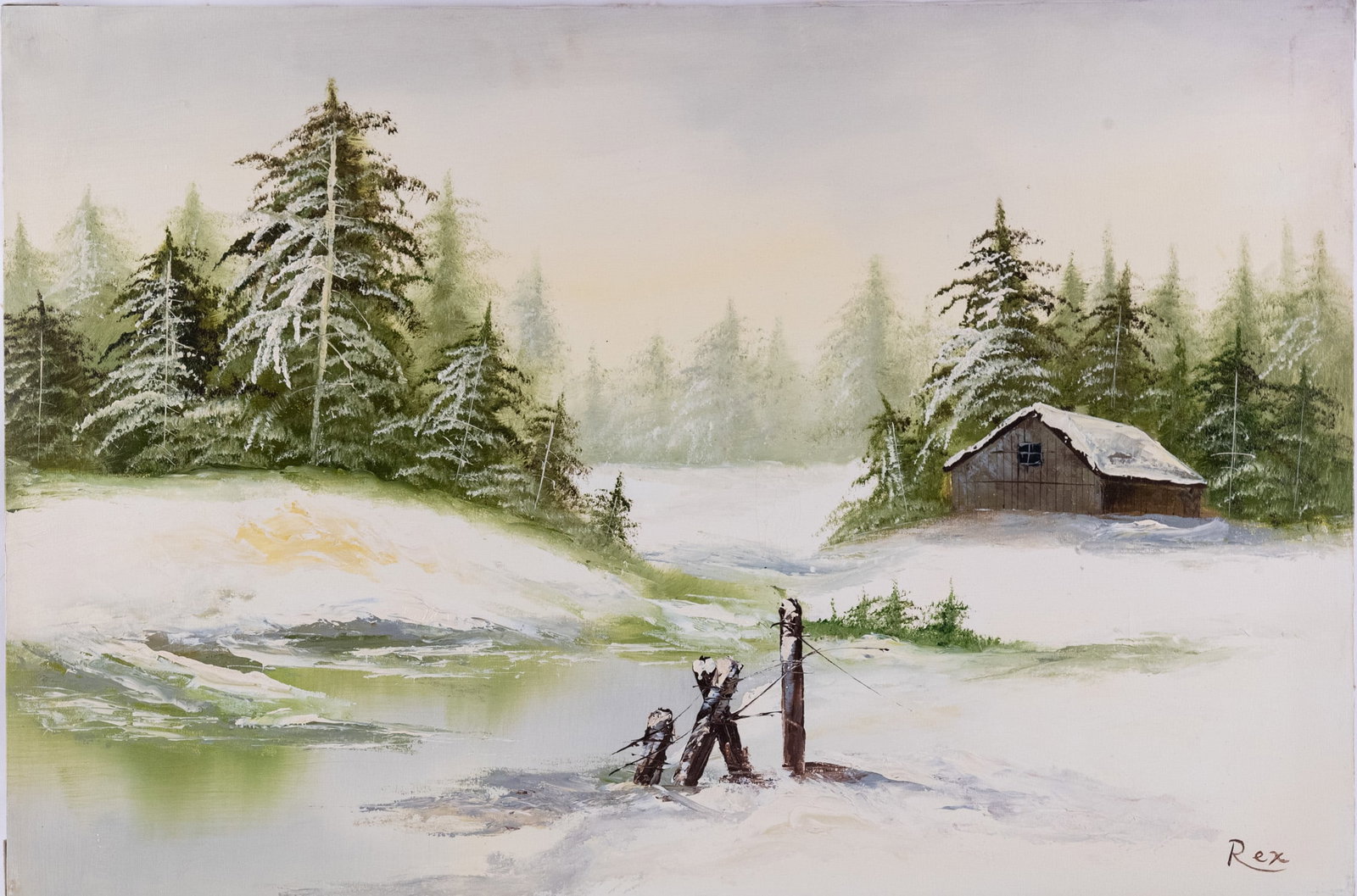 Vintage Scenic Oil On Canvas "Winter River": Title: Winter River Medium: Oil On Canvas Size: 24 x 36 inches Age: Vintage Condition: Great Overall All Signature: Signed Provenance: Collection From Glen Cove Combined shipping rate available. For a