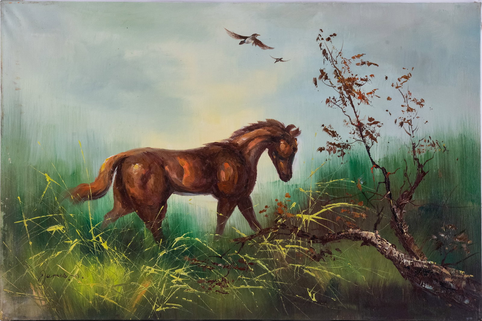 Vintage Scenic Oil On Canvas "Horse": Title: Horse Medium: Oil On Canvas Size: 24 x 36 inches Age: Vintage Condition: Great Overall All Signature: Signed Provenance: Collection From Glen Cove Combined shipping rate available. For affordab