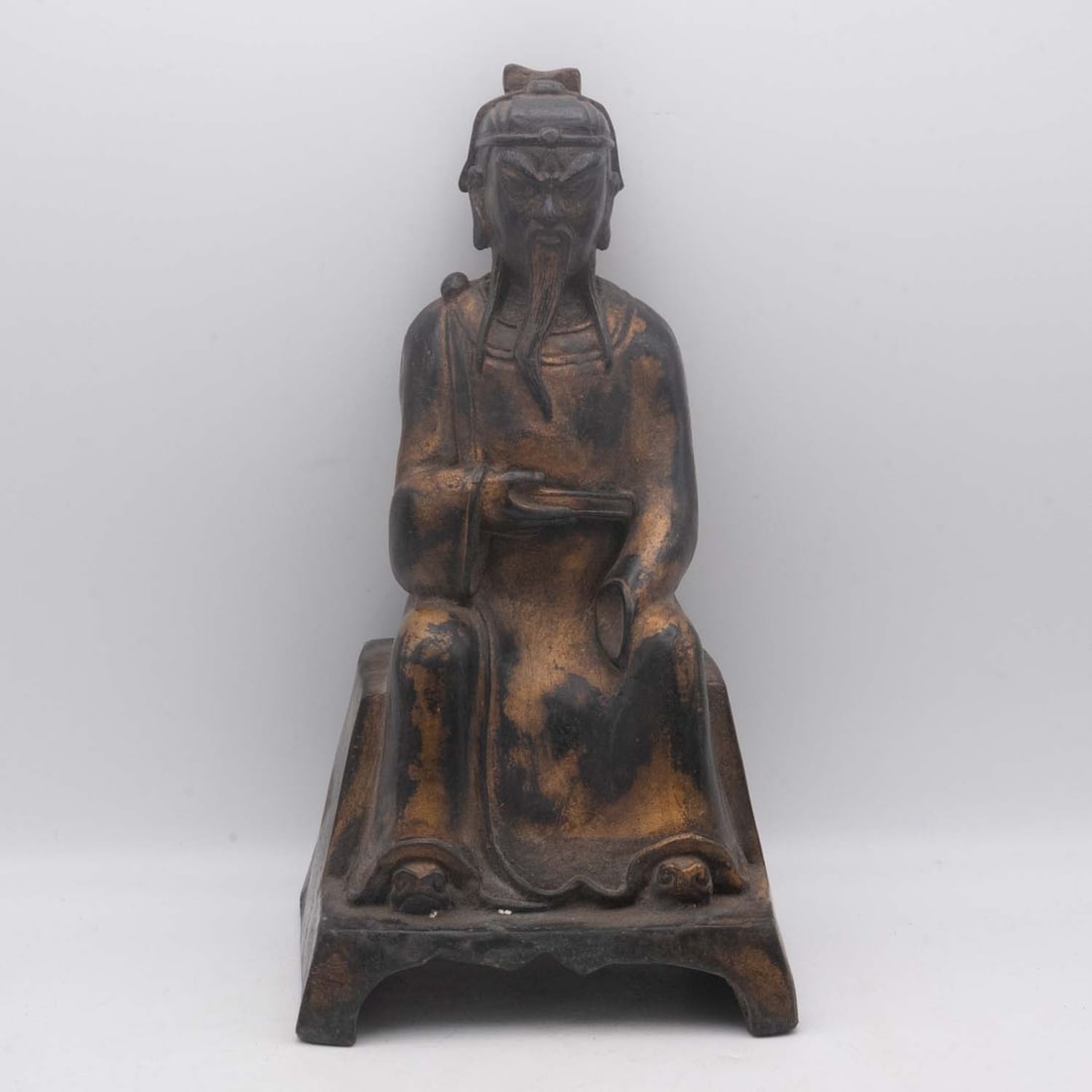 Old Chinese Qianlong Marked Bronze Tone Seated Scholar Sculpture: Medium: Bronze Tone Size: 5x5x9.5 inches Age/Detail: Old Chinese Qianlong Marked Condition: great overall, check photo for condition reference. Provenance: Collection from Estate in Williamsburg LiveS