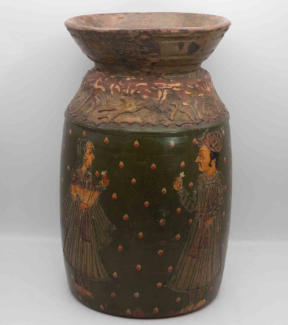 Antique Persian Wood Painted Water Pot: Medium: Wood Size: 7x7x12.5 inches Age/Detail: Antique Persian Condition: great overall, check photo for condition reference. Painted wooden vessel with figural decoration, Persian or Central Asian,