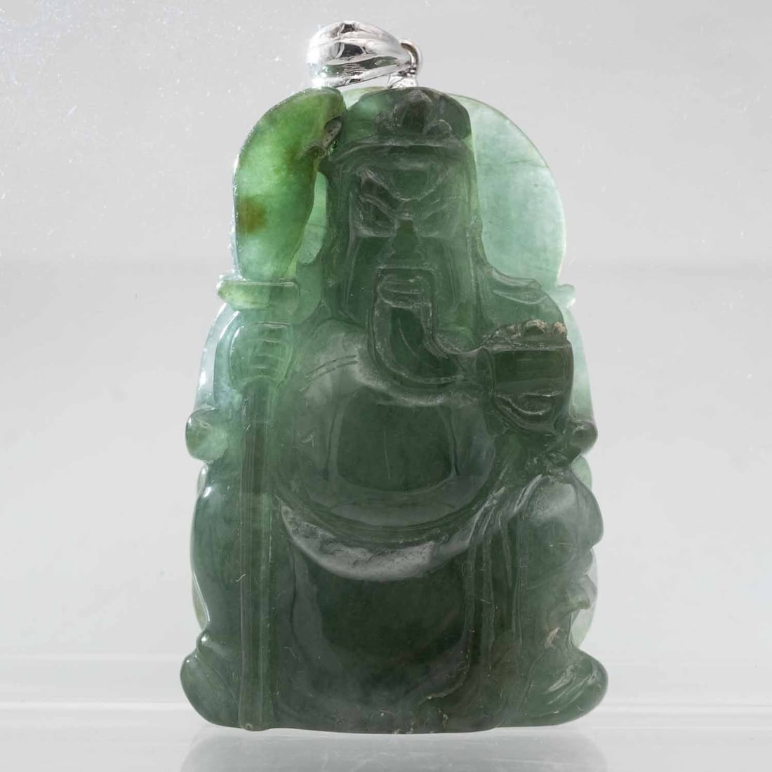 Chinese Carved Natural Green Jadeite Guanyu Pendant: Medium: Natural Green Jadeite Size: 2x1.3x0.5 inches Age/Detail: Chinese Carved Condition: great overall, check photo for condition reference. Provenance: Collection from Estate in Tribecca LiveShippi