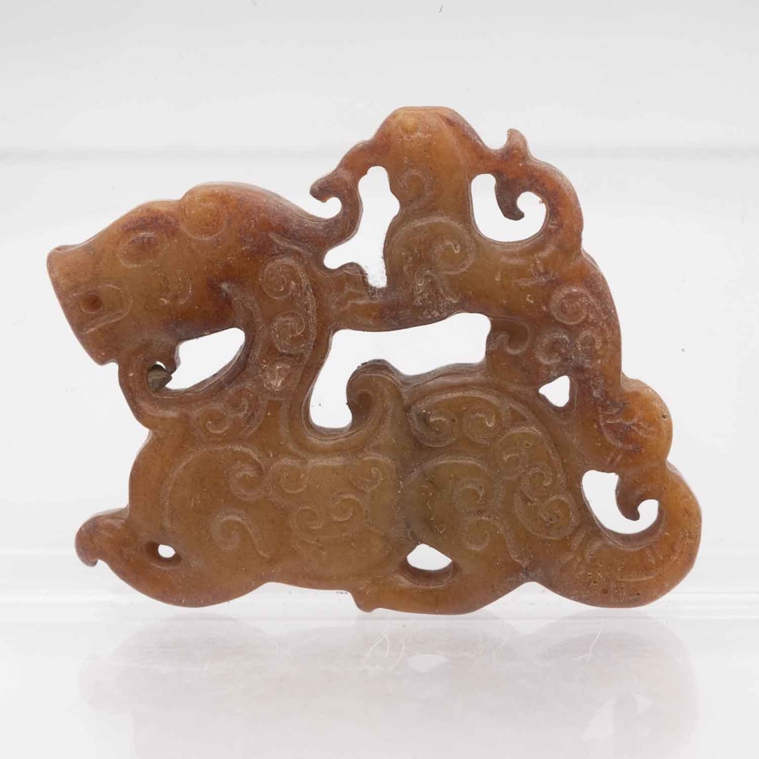 Old Chinese Carved Jade Dragon Figure: Medium: Jade Size: 2.2x1.6x0.3 inches Age/Detail: Old Chinese Carved Condition: great overall, check photo for condition reference. Provenance: Collection from Estate in Williamsburg LiveShipping is N