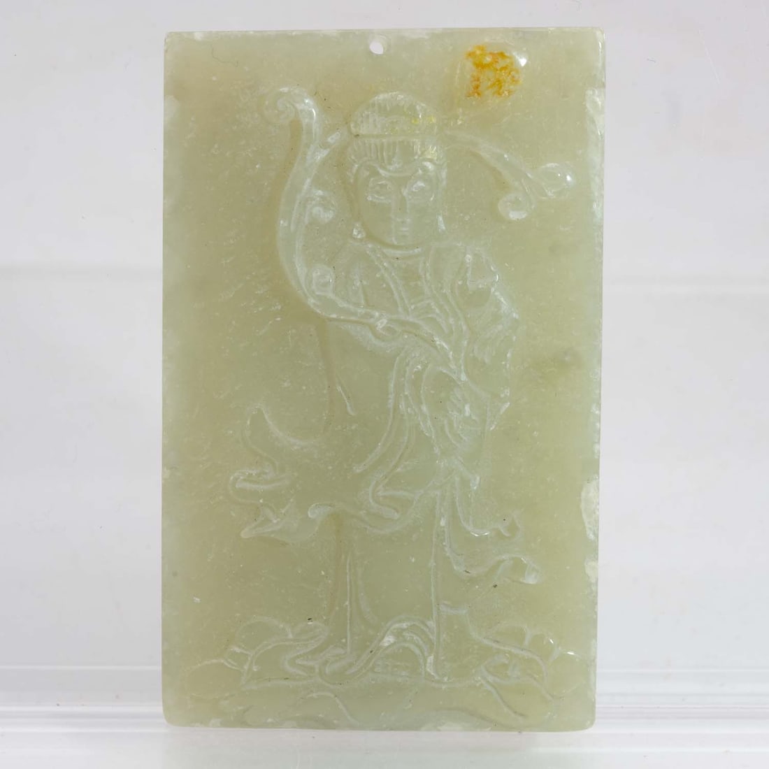 Old Chinese Carved Translucent Nephrite Green Jade Guayin Pendant: Medium: Translucent Nephrite Green Jade Size: 2.6x1.6x0.3 inches Age/Detail: Old Chinese Carved Condition: great overall, check photo for condition reference. Provenance: Collection from Estate in Wil