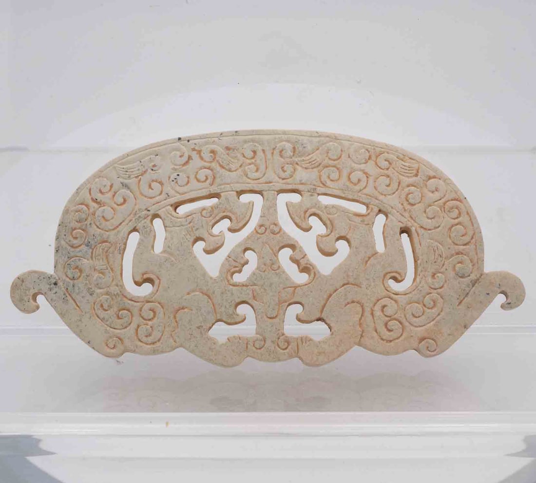 Old Chinese Han Dynasty Style Carved Jade Double Dragon Ritualistic Bi: Medium: Jade Size: 5.7x2.7x0.3 inches Age/Detail: Old Chinese Han Dynasty Style Carved Condition: great overall, check photo for condition reference. Provenance: Collection from Estate in Tribecca Ple