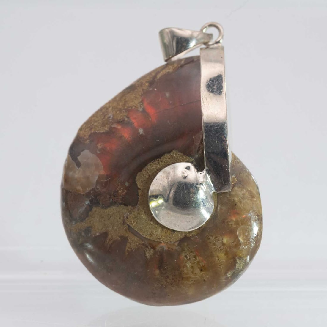 Natural Polished iridescent Fossil Ammolite Pendant: Medium: iridescent Fossil Ammolite Size: 1.3x0.8x0.3 inches Age/Detail: Natural Polished Condition: great overall, check photo for condition reference. Provenance: Collection from Estate in Williamsbu